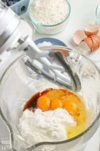 eggs, sour cream, vanilla in a mixing bowl